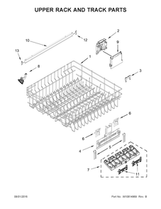 Upper Rack And Track Parts Diagram and Parts List for  Whirlpool Dishwasher